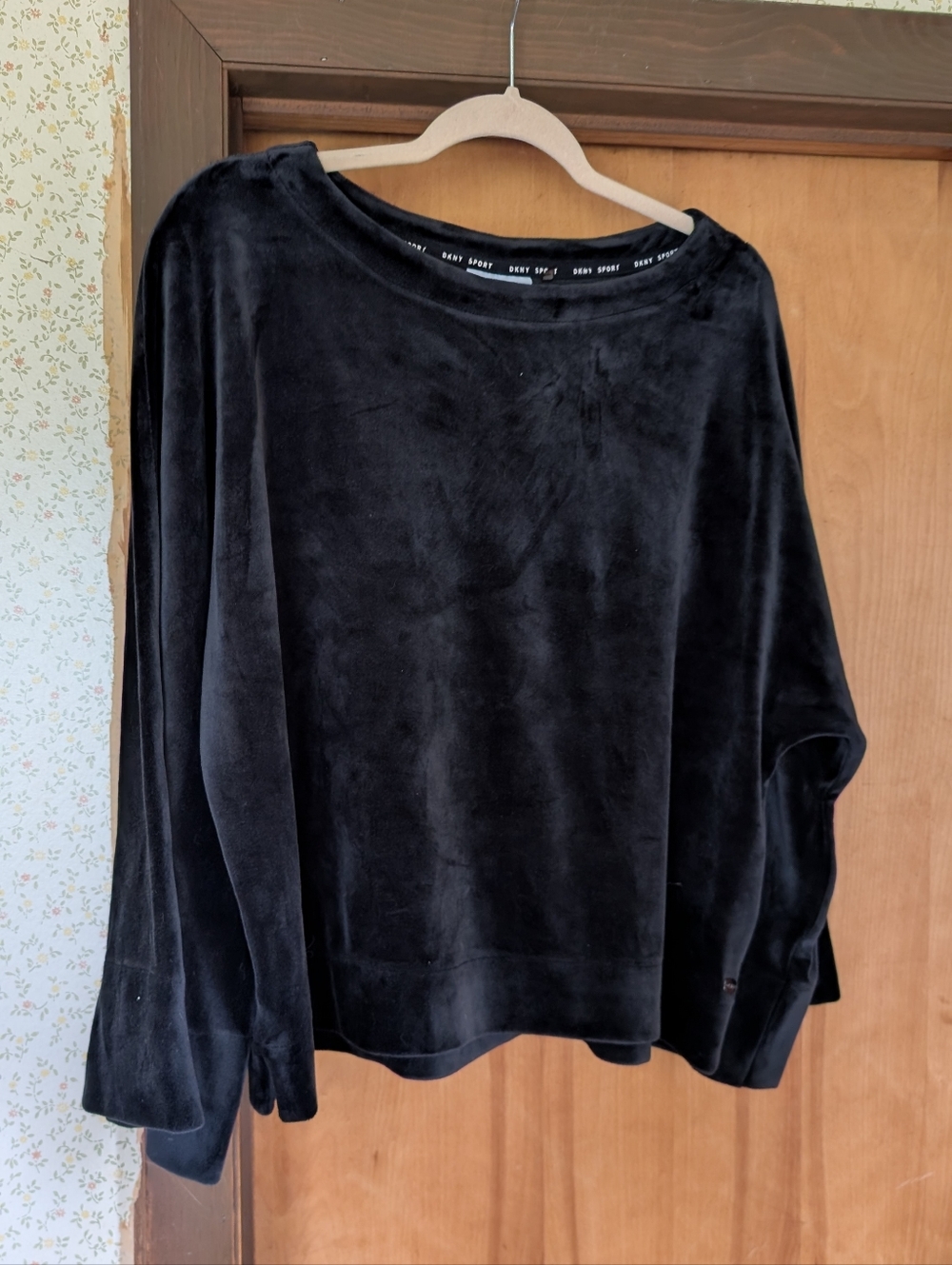 Y2K DKNY Black Velour Plush Off The Shoulder Crewneck Sweatshirt
